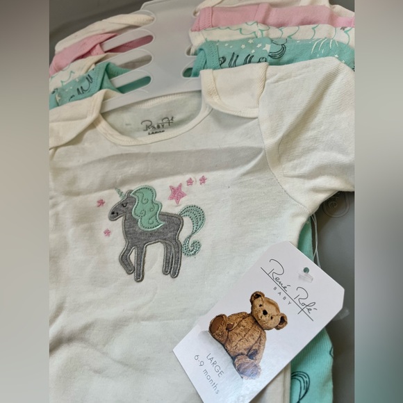6-9m Rene Rofe Baby Onesies shirt Set of 5 pastel pink aqua unicorn  100% cotton - Picture 10 of 10